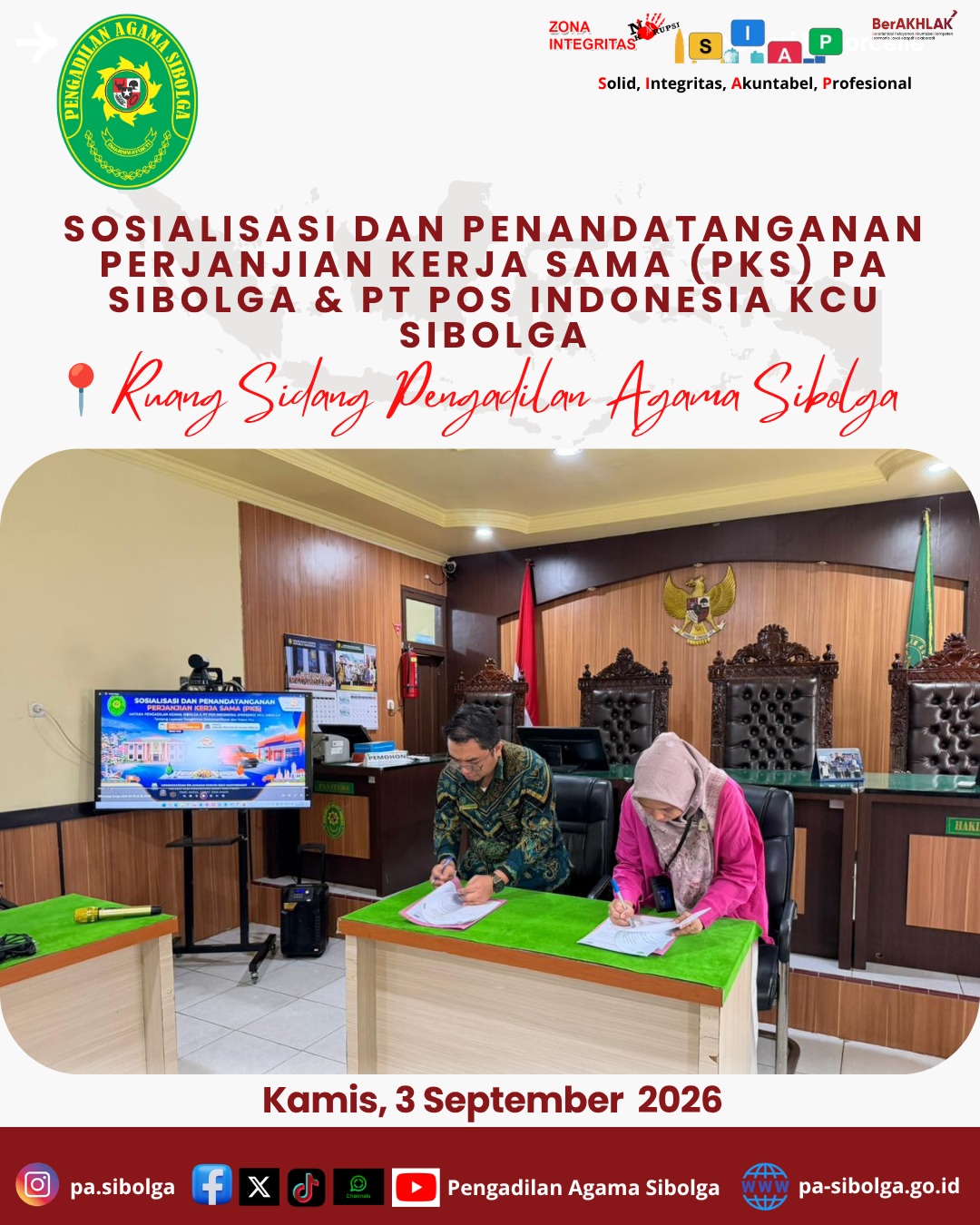  SOSIALISASI DAN PENANDATANGANAN PERJANJIAN KERJA SAMA PKS PENGADILAN AGAMA SIBOLGA PT POS1